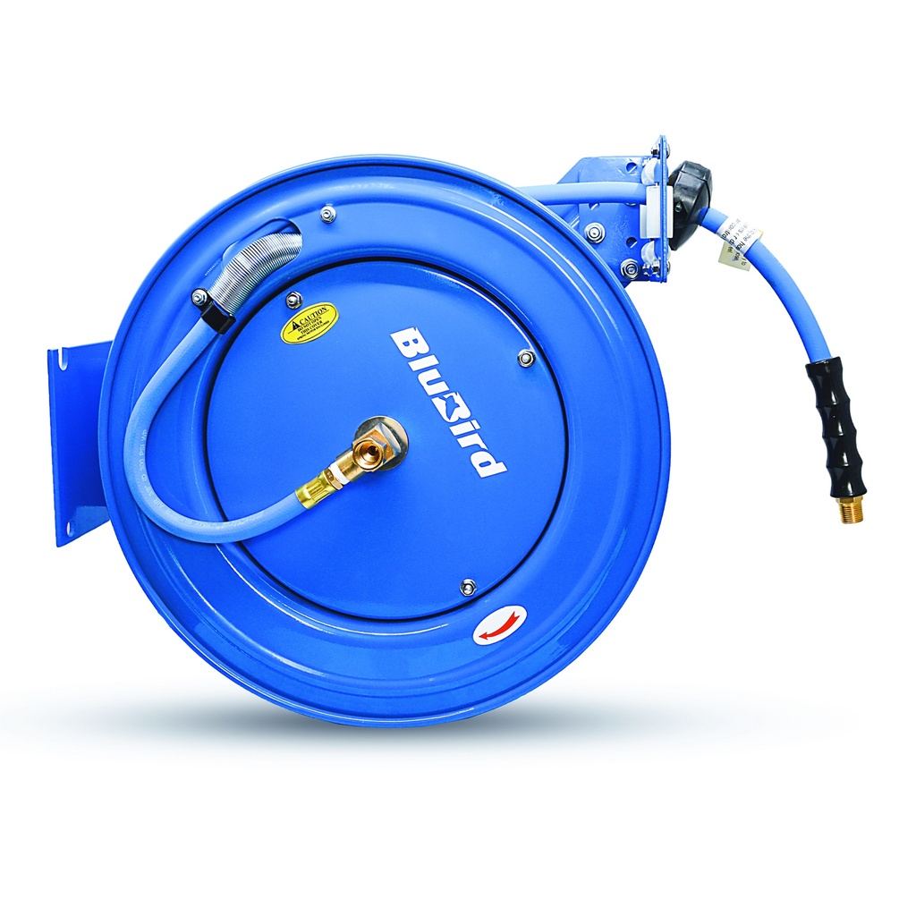 Blubird Rubber Air Hose Reel Single Arm Heavy Duty 10mm X 15mtr Outlet - 3/8" M-BSP & Reel Inlet 3/8" M-BSP